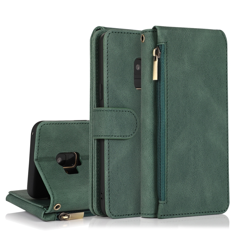 

For Samsung Galaxy S9 Skin-feel Crazy Horse Texture Zipper Wallet Bag Horizontal Flip Leather Case with Holder & Card Slots & Wallet & Lanyard(Dark Green)
