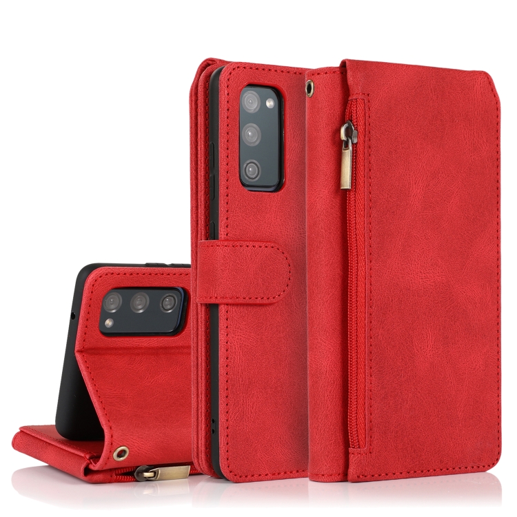 

For Samsung Galaxy S20 FE 5G Skin-feel Crazy Horse Texture Zipper Wallet Bag Horizontal Flip Leather Case with Holder & Card Slots & Wallet & Lanyard(Red)