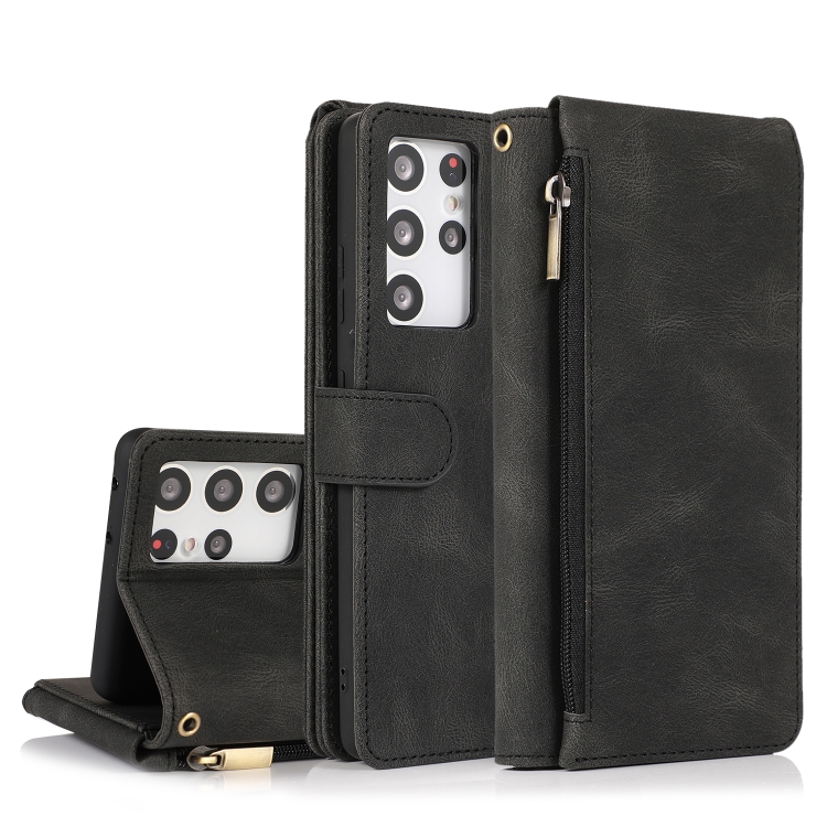 

For Samsung Galaxy S21 Ultra 5G Skin-feel Crazy Horse Texture Zipper Wallet Bag Horizontal Flip Leather Case with Holder & Card Slots & Wallet & Lanyard(Black)