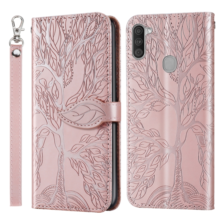 

For Samsung Galaxy A11 (EU Version) Life of Tree Embossing Pattern Horizontal Flip Leather Case with Holder & Card Slot & Wallet & Photo Frame & Lanyard(Rose Gold)