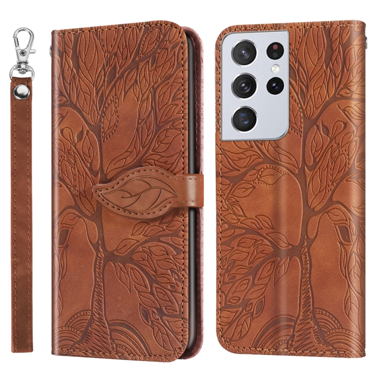 

For Samsung Galaxy S21 Ultra 5G Life of Tree Embossing Pattern Horizontal Flip Leather Case with Holder & Card Slot & Wallet & Photo Frame & Lanyard(Brown)