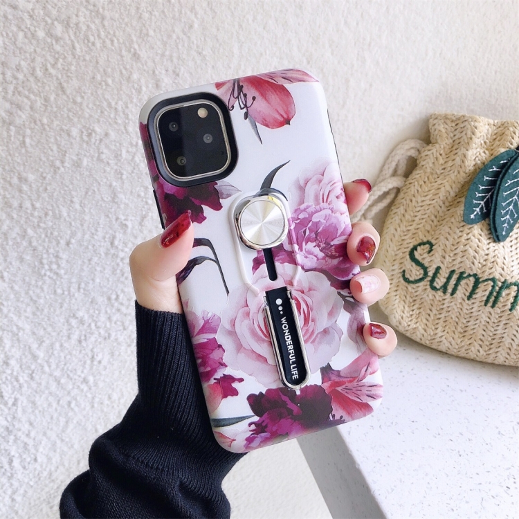 

For iPhone 11 Pro Max Flower Series Painting Shockproof Multi-functional Invisible Ring Holder Protective Case with Vehicle Magnetic Sheet(Red)