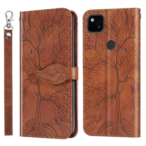 

For Google Pixel 4a Life of Tree Embossing Pattern Horizontal Flip Leather Case with Holder & Card Slot & Wallet & Photo Frame & Lanyard(Brown)