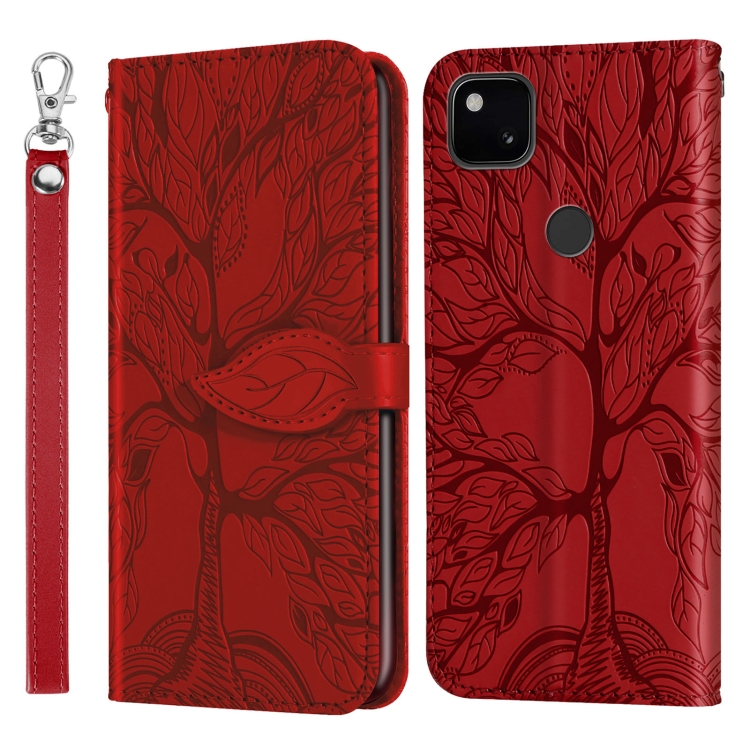 

For Google Pixel 4a 5G Life of Tree Embossing Pattern Horizontal Flip Leather Case with Holder & Card Slot & Wallet & Photo Frame & Lanyard(Red)