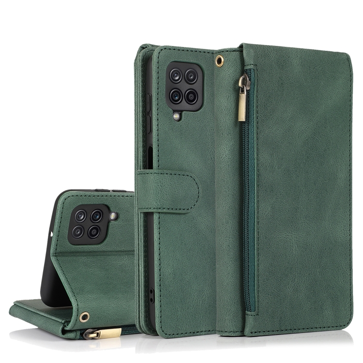 

For Samsung Galaxy A12 Skin-feel Crazy Horse Texture Zipper Wallet Bag Horizontal Flip Leather Case with Holder & Card Slots & Wallet & Lanyard(Dark Green)