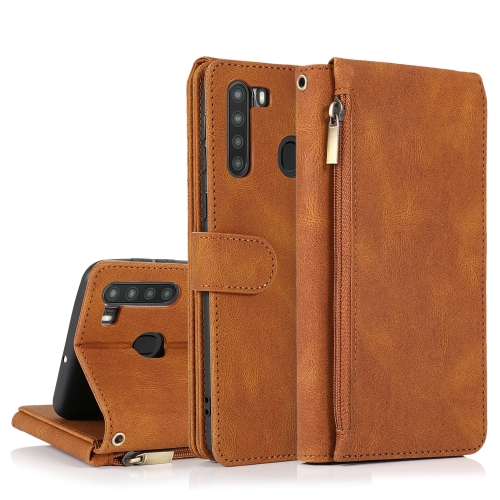 

For Samsung Galaxy A21 Skin-feel Crazy Horse Texture Zipper Wallet Bag Horizontal Flip Leather Case with Holder & Card Slots & Wallet & Lanyard(Brown)