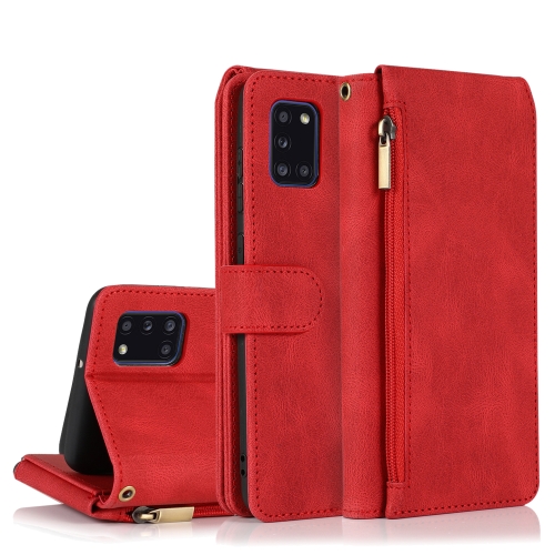 

For Samsung Galaxy A31 Skin-feel Crazy Horse Texture Zipper Wallet Bag Horizontal Flip Leather Case with Holder & Card Slots & Wallet & Lanyard(Red)