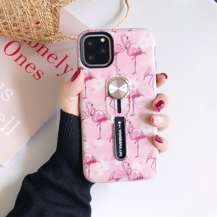 

For iPhone 11 Flamingo Painting Shockproof Multi-functional Invisible Ring Holder Protective Case with Vehicle Magnetic Sheet(Pink)