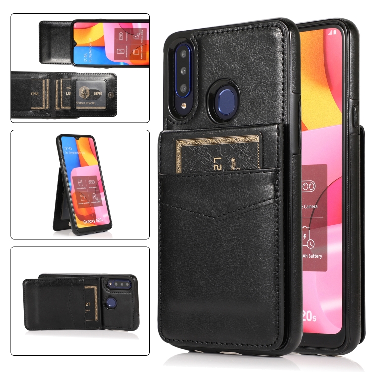 

For Samsung Galaxy A20s Solid Color PC + TPU Protective Case with Holder & Card Slots(Black)