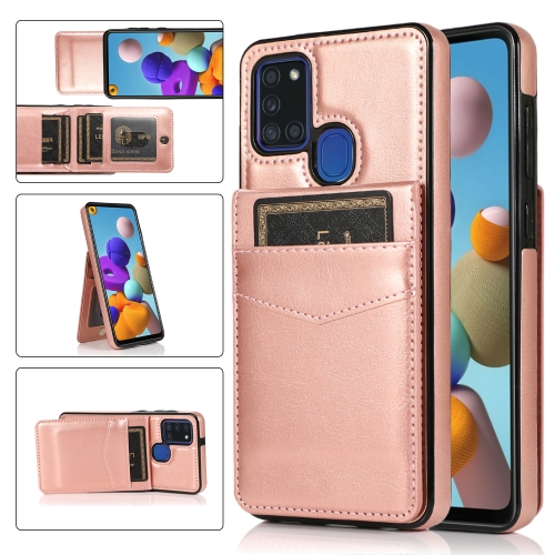 

For Samsung Galaxy A21s Solid Color PC + TPU Protective Case with Holder & Card Slots(Rose Gold)