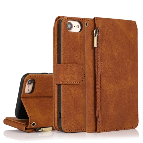 

Skin-feel Crazy Horse Texture Zipper Wallet Bag Horizontal Flip Leather Case with Holder & Card Slots & Wallet & Lanyard For iPhone SE 2020 / 8 / 7(Brown)