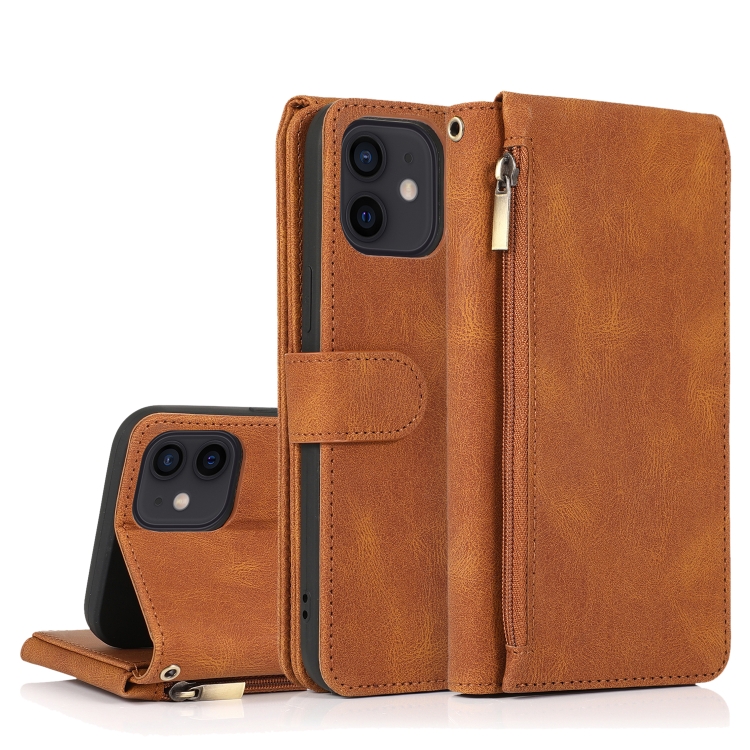 

Skin-feel Crazy Horse Texture Zipper Wallet Bag Horizontal Flip Leather Case with Holder & Card Slots & Wallet & Lanyard For iPhone 12 / 12 Pro(Brown)
