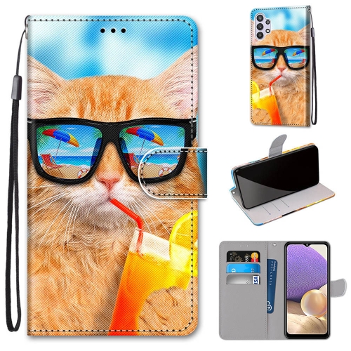 

For Samsung Galaxy A32 5G Coloured Drawing Cross Texture Horizontal Flip PU Leather Case with Holder & Card Slots & Wallet & Lanyard(Cat Drinking Soda)