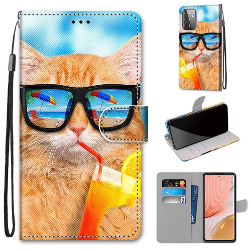 

For Samsung Galaxy A72 5G / 4G Coloured Drawing Cross Texture Horizontal Flip PU Leather Case with Holder & Card Slots & Wallet & Lanyard(Cat Drinking Soda)