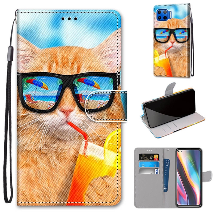 

For Motorola Moto G 5G Plus Coloured Drawing Cross Texture Horizontal Flip PU Leather Case with Holder & Card Slots & Wallet & Lanyard(Cat Drinking Soda)