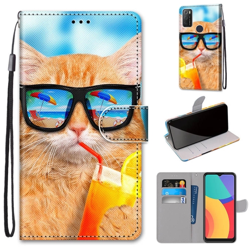 

For Alcatel 1S 2021 / 3L 2021 Coloured Drawing Cross Texture Horizontal Flip PU Leather Case with Holder & Card Slots & Wallet & Lanyard(Cat Drinking Soda)