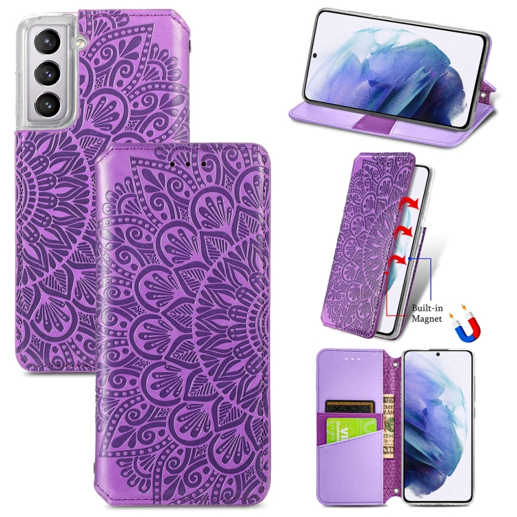 

For Samsung Galaxy S21 5G Blooming Mandala Embossed Pattern Magnetic Horizontal Flip Leather Case with Holder & Card Slots & Wallet(Purple)