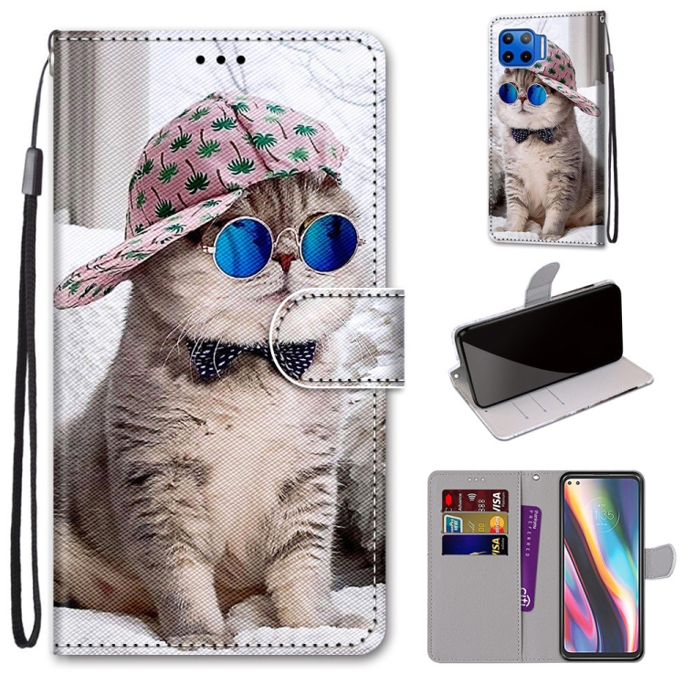 

For Motorola Moto G 5G Plus Coloured Drawing Cross Texture Horizontal Flip PU Leather Case with Holder & Card Slots & Wallet & Lanyard(Slant Hat Blue Mirror Cat)