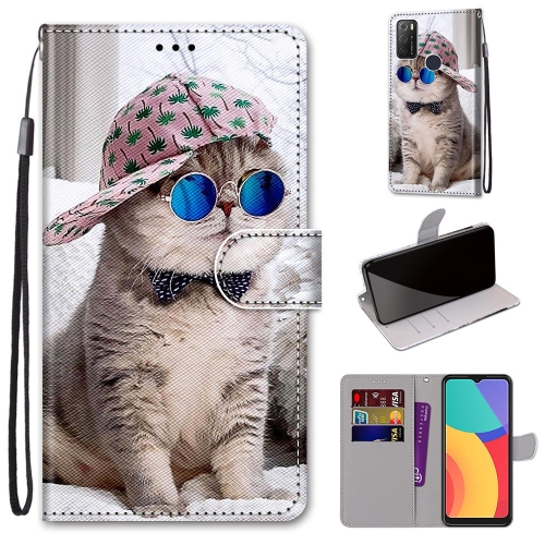 

For Alcatel 1S (2021) Coloured Drawing Cross Texture Horizontal Flip PU Leather Case with Holder & Card Slots & Wallet & Lanyard(Slant Hat Blue Mirror Cat)