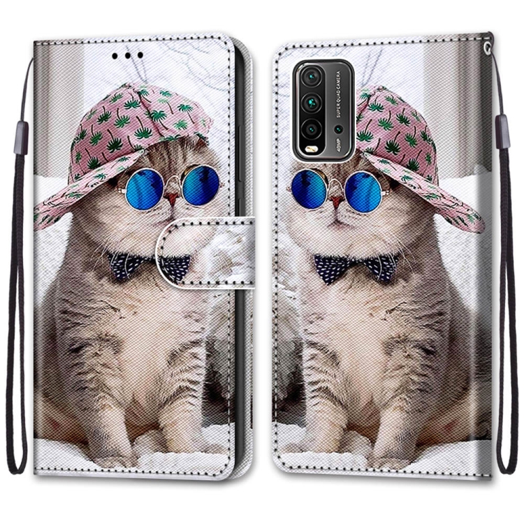

For Xiaomi Redmi 9 Power / Note 9 4G Coloured Drawing Cross Texture Horizontal Flip PU Leather Case with Holder & Card Slots & Wallet & Lanyard(Slant Hat Blue Mirror Cat)