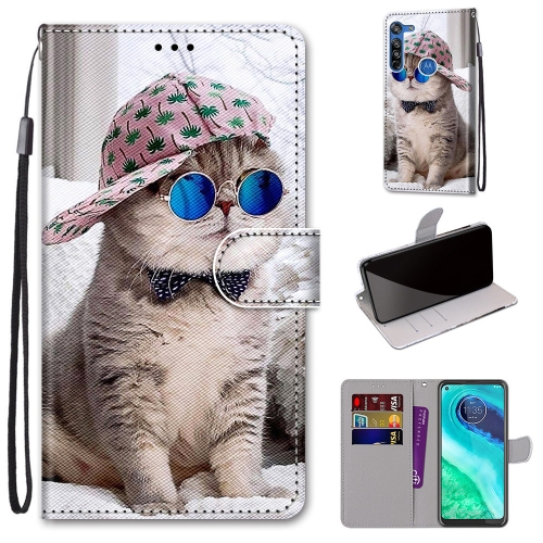 

For Motorola Moto G8 Coloured Drawing Cross Texture Horizontal Flip PU Leather Case with Holder & Card Slots & Wallet & Lanyard(Slant Hat Blue Mirror Cat)