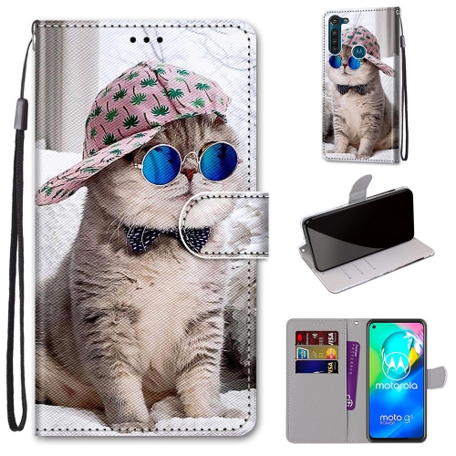 

For Motorola Moto G8 Power Coloured Drawing Cross Texture Horizontal Flip PU Leather Case with Holder & Card Slots & Wallet & Lanyard(Slant Hat Blue Mirror Cat)