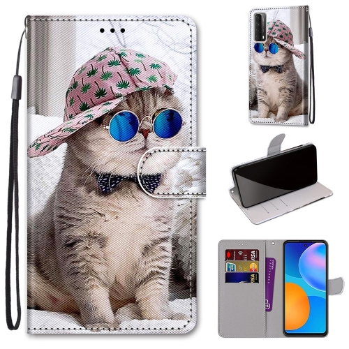 

For Huawei P smart 2021 / Y7a Coloured Drawing Cross Texture Horizontal Flip PU Leather Case with Holder & Card Slots & Wallet & Lanyard(Slant Hat Blue Mirror Cat)