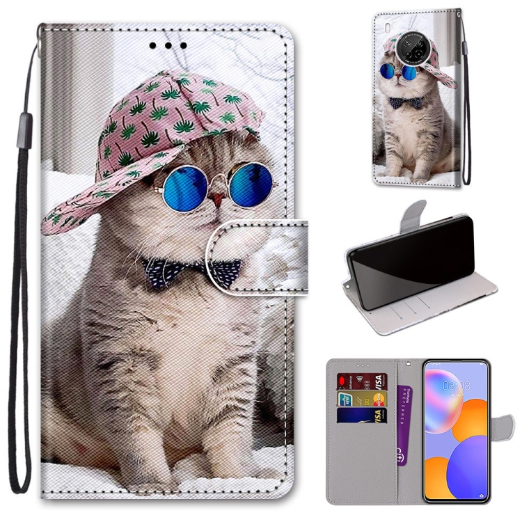 

For Huawei Y9a Coloured Drawing Cross Texture Horizontal Flip PU Leather Case with Holder & Card Slots & Wallet & Lanyard(Slant Hat Blue Mirror Cat)
