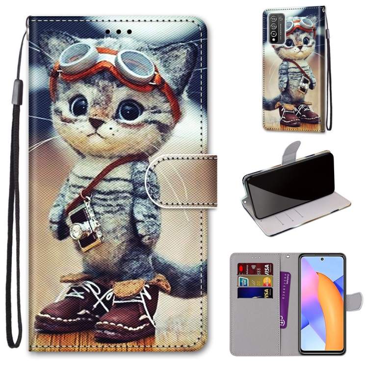 

For Honor 10X Lite Coloured Drawing Cross Texture Horizontal Flip PU Leather Case with Holder & Card Slots & Wallet & Lanyard(Leather Shoes Cat)