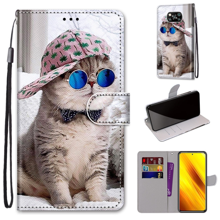 

For Xiaomi Poco X3 NPC Coloured Drawing Cross Texture Horizontal Flip PU Leather Case with Holder & Card Slots & Wallet & Lanyard(Slant Hat Blue Mirror Cat)