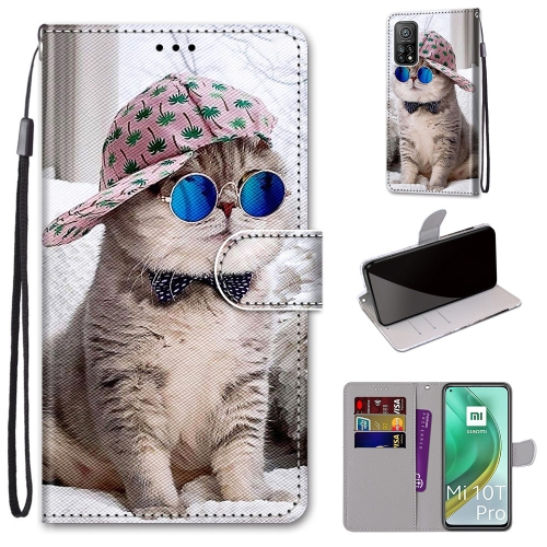 

For Xiaomi Mi 10T Pro / 10T / K30s Coloured Drawing Cross Texture Horizontal Flip PU Leather Case with Holder & Card Slots & Wallet & Lanyard(Slant Hat Blue Mirror Cat)