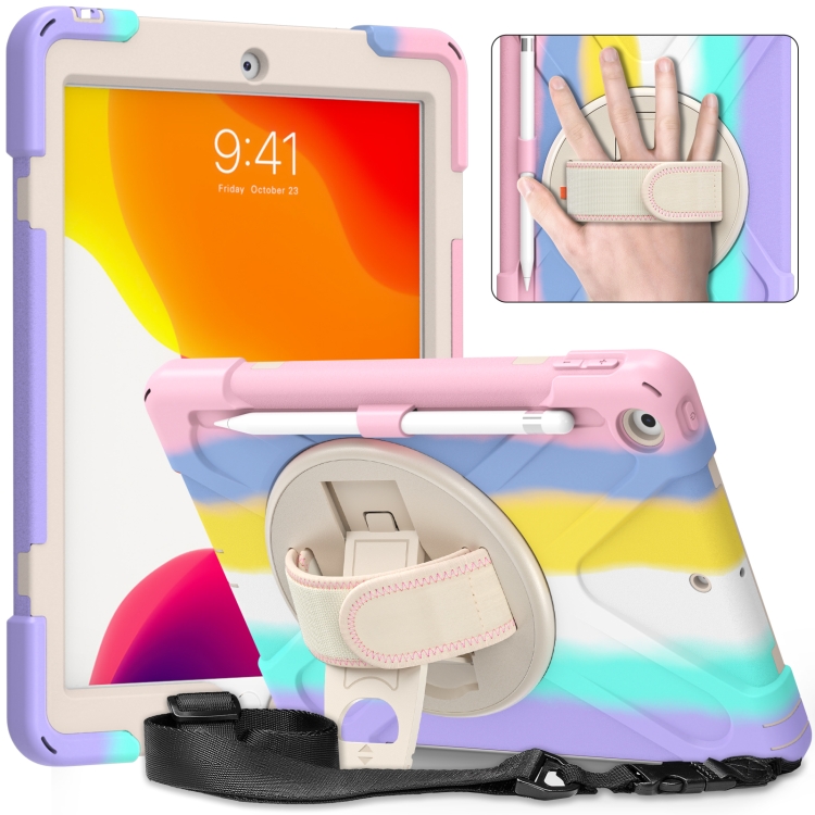

Shockproof Colorful Silicone + PC Protective Case with Holder & Shoulder Strap & Hand Strap For iPad 10.2 (2020)(Pink)
