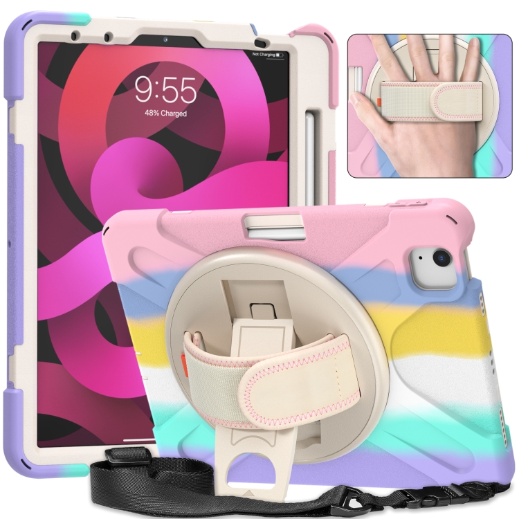 

Shockproof Colorful Silicone + PC Protective Case with Holder & Shoulder Strap & Hand Strap For iPad Air 2020 10.9(Pink)