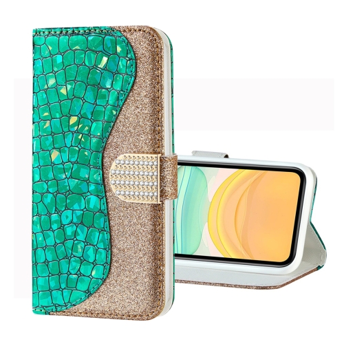 

For iPhone 11 Pro Laser Glitter Powder Crocodile Texture Horizontal Flip Leather Case, with Holder & Card Slots & Wallet(Green)