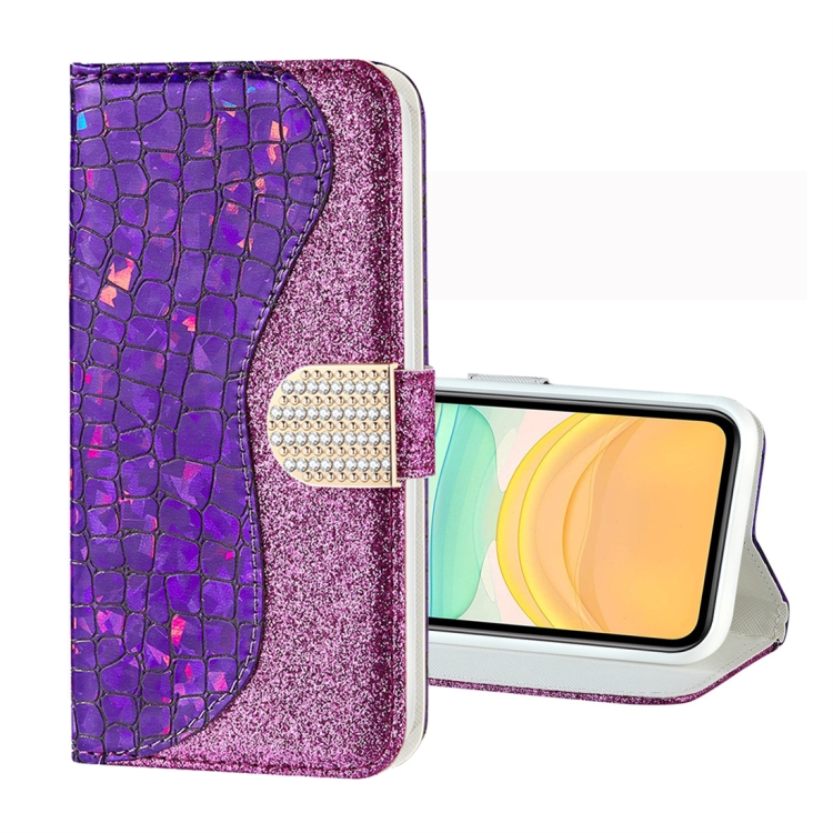 

For iPhone 11 Laser Glitter Powder Crocodile Texture Horizontal Flip Leather Case, with Holder & Card Slots & Wallet(Purple)