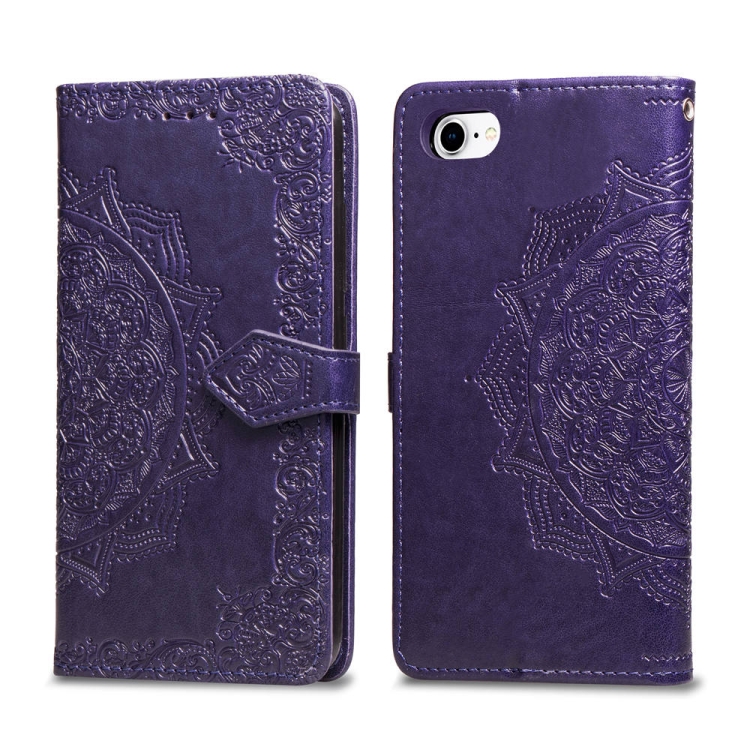 

For iPhone SE 2020 / 8 / 7 Halfway Mandala Embossing Pattern Horizontal Flip Leather Case with Holder & Card Slots & Wallet & Lanyard(Purple)