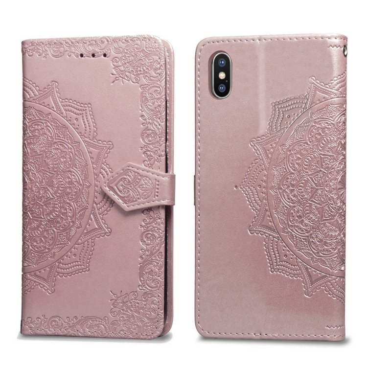 

For iPhone XS / X Halfway Mandala Embossing Pattern Horizontal Flip Leather Case with Holder & Card Slots & Wallet & Lanyard(Rose Gold)