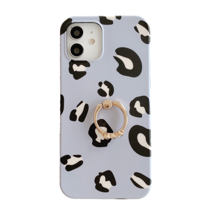 

Leopard Texture with Ring Metal Rhinestone Bracket Mobile Phone Protective Case For iPhone 12 / 12 Pro(Blue Purple)