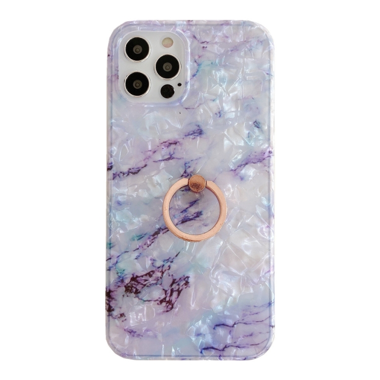 

Shell Texture Marble with Ring Metal Rhinestone Bracket Mobile Phone Protective Case For iPhone 12 / 12 Pro(Purple)