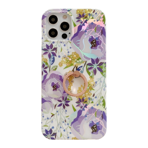 

For iPhone 11 Laser Flower Pattern Shockproof TPU Case with Diamond Ring Holder(Purple Flower)