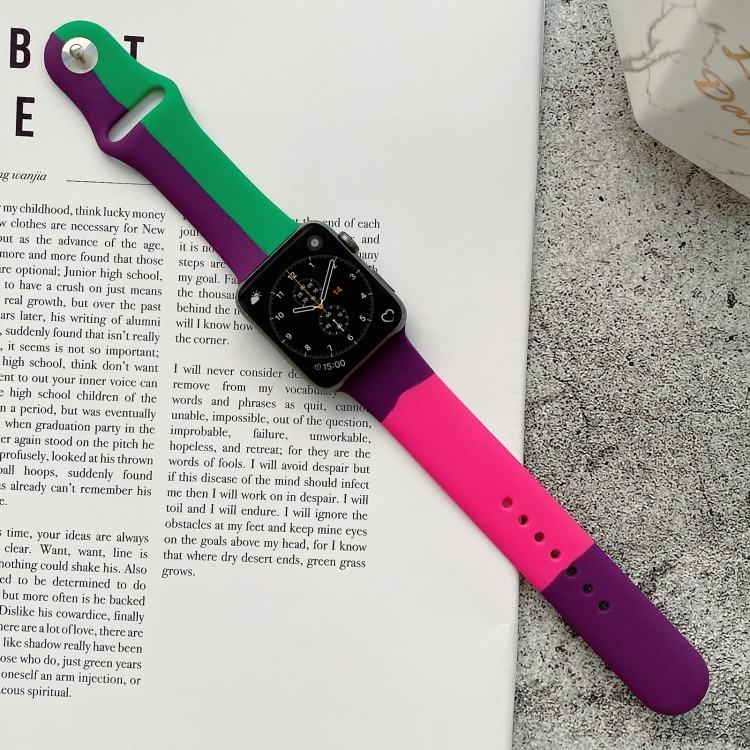 

Silicone Color Matching Replacement Watchbands For Apple Watch Series 6 & SE & 5 & 4 40mm / 3 & 2 & 1 38mm(Purple + Light Green + Rose Red)