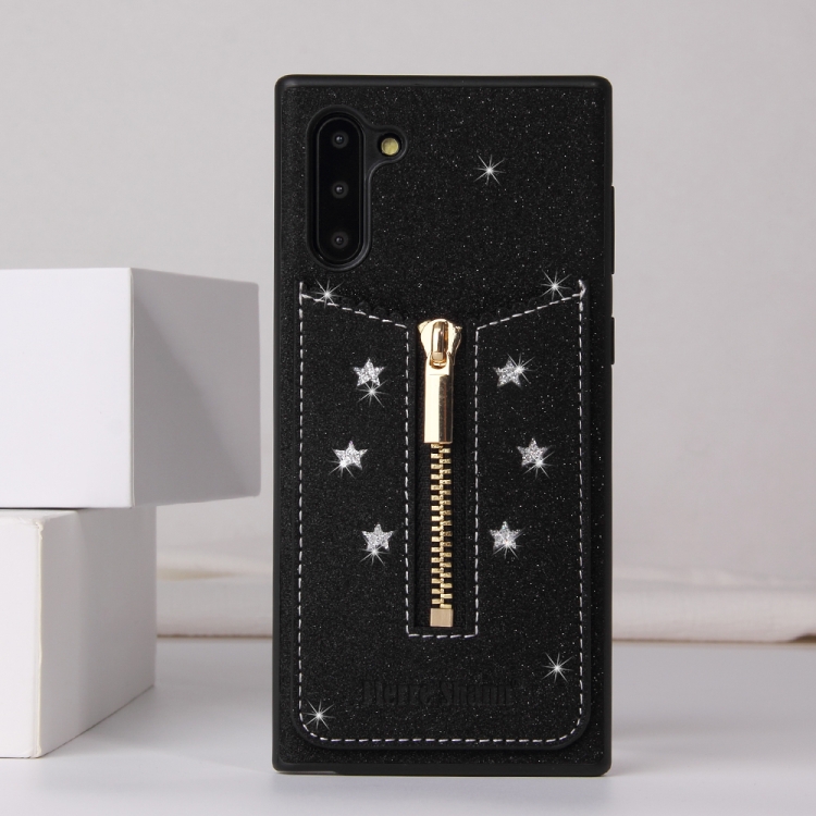 

For Galaxy Note10 Starry Sky Star Zipper Protective Case with Card Slot(Black)