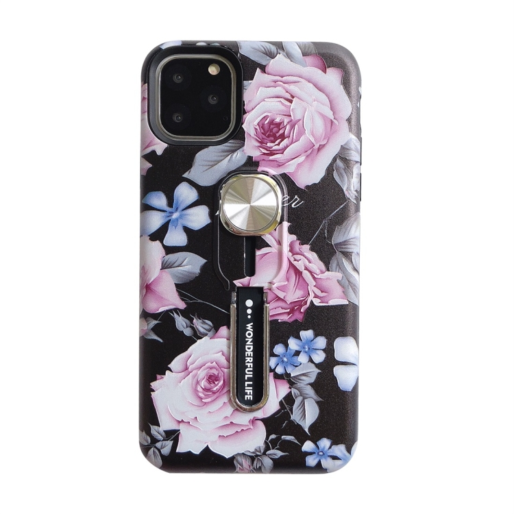 

For iPhone 11 Pro Flower Series Painting Shockproof Multi-functional Invisible Ring Holder Protective Case with Vehicle Magnetic Sheet(Rose)