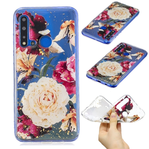 

For Huawei Nova 5i Cartoon Pattern Gold Foil Style Dropping Glue TPU Soft Protective Case(Flower)