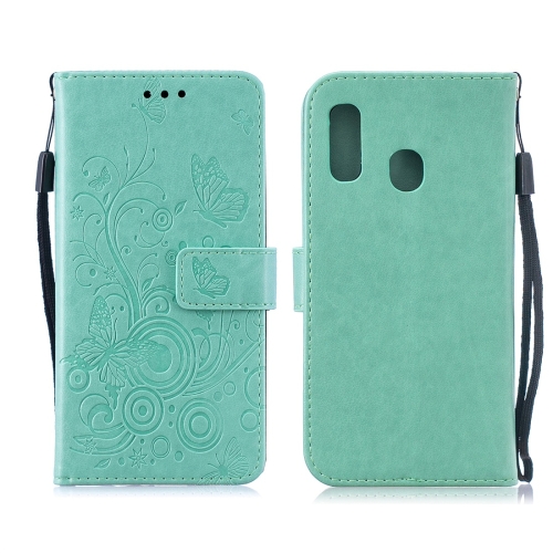 

For Galaxy A20e Butterflies Love Flowers Pattern Horizontal Flip Leather Case with Holder & Card Slots & Wallet & Lanyard(Green)