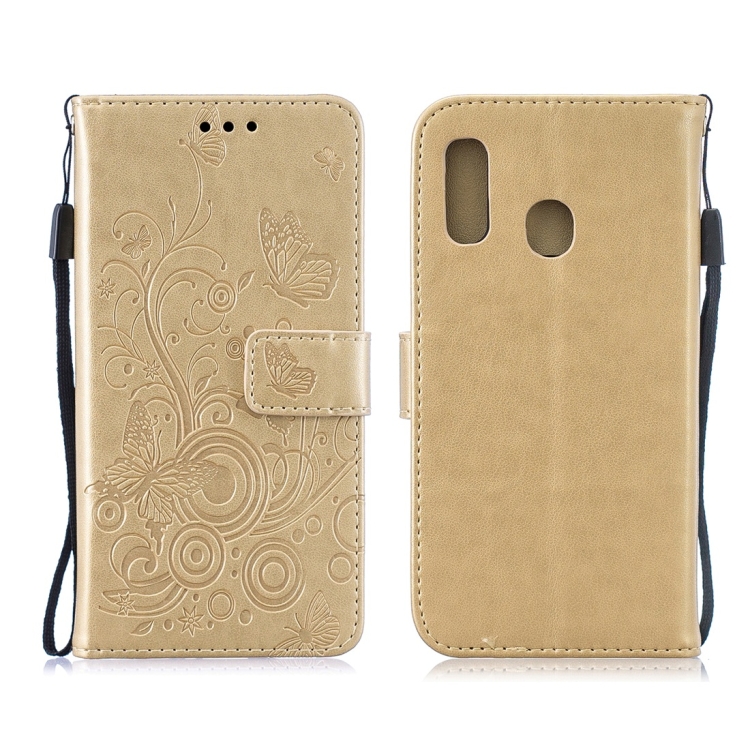 

For Galaxy A60 Butterflies Love Flowers Pattern Horizontal Flip Leather Case with Holder & Card Slots & Wallet & Lanyard(Gold)