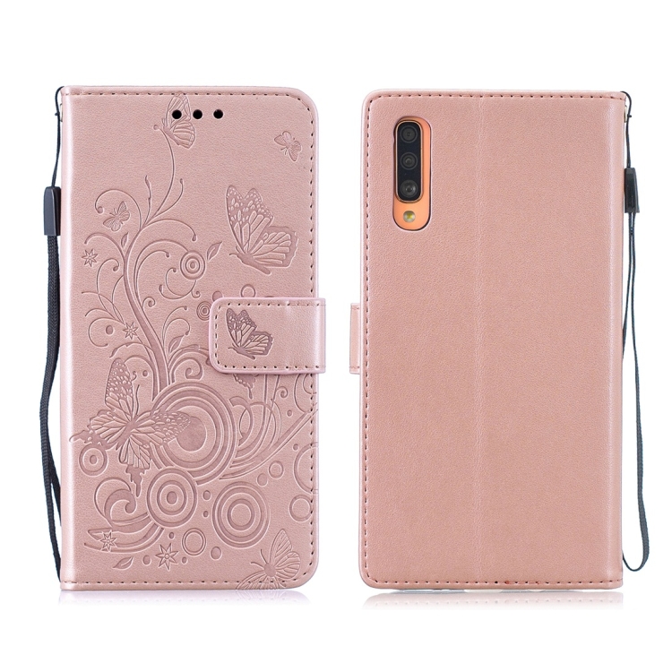 

For Galaxy A70 Butterflies Love Flowers Pattern Horizontal Flip Leather Case with Holder & Card Slots & Wallet & Lanyard(Rose Gold)