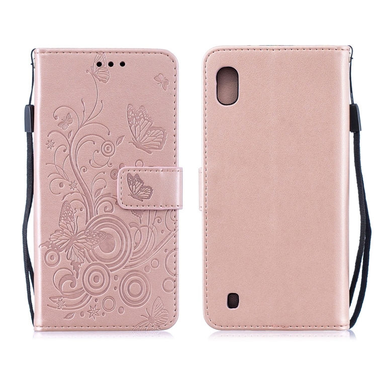 

For Galaxy M10 Butterflies Love Flowers Pattern Horizontal Flip Leather Case with Holder & Card Slots & Wallet & Lanyard(Rose Gold)