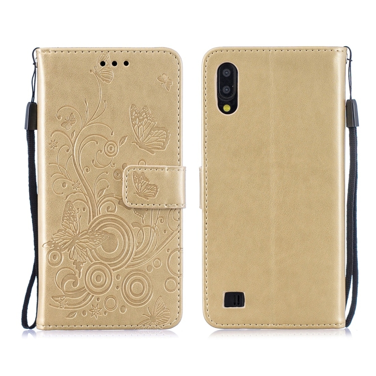 

For Galaxy A10 Butterflies Love Flowers Pattern Horizontal Flip Leather Case with Holder & Card Slots & Wallet & Lanyard(Gold)