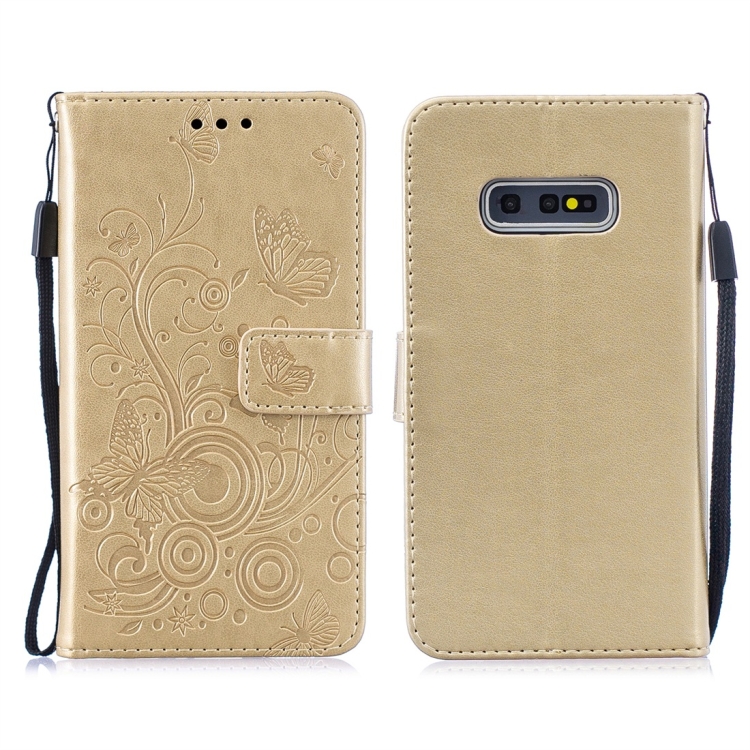 

For Galaxy S10 Butterflies Love Flowers Pattern Horizontal Flip Leather Case with Holder & Card Slots & Wallet & Lanyard(Gold)